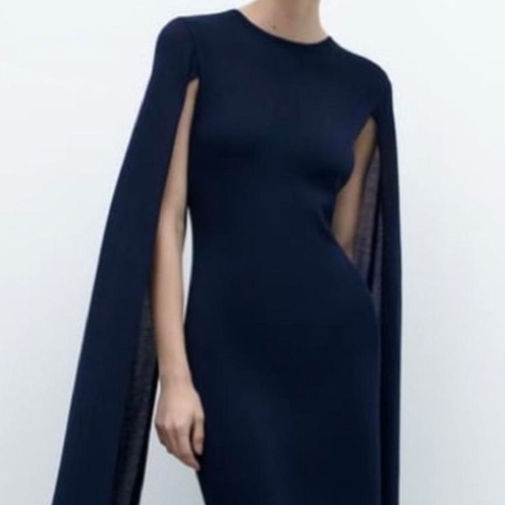 ZARA New Navy Blue Elegant Round Neck Knit Cape Dress Slit Long Sleeves Size S